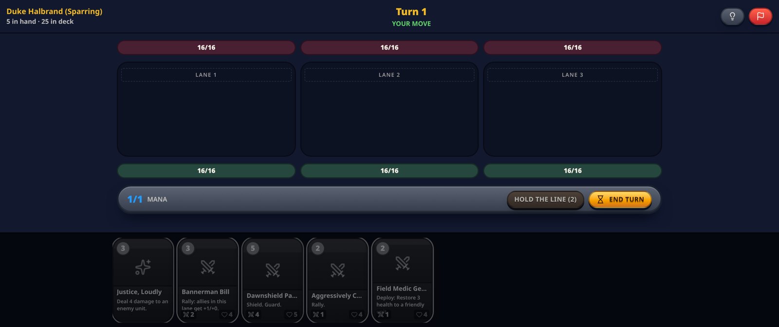 A BANNERBOUND duel in progress: three lanes with Banner Towers at 16/16, mana bar and a hand of five cards