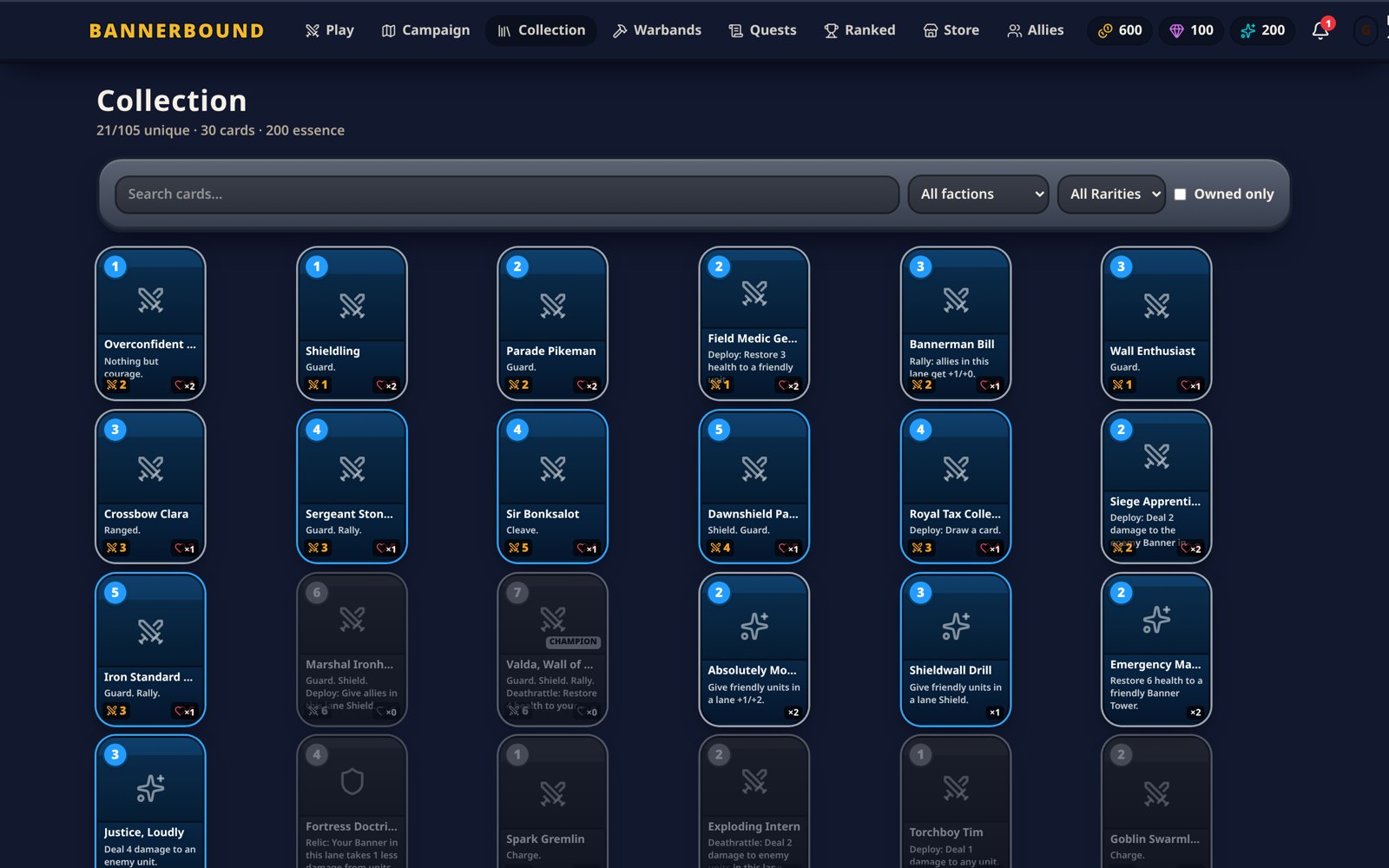 The BANNERBOUND collection browser showing cards with mana cost, attack, health and keywords