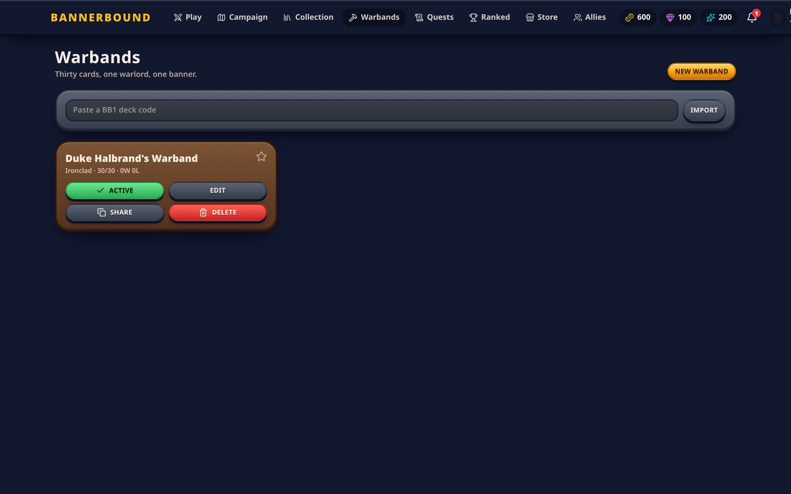 The BANNERBOUND deck builder with the 30-card list, mana curve and validation panel