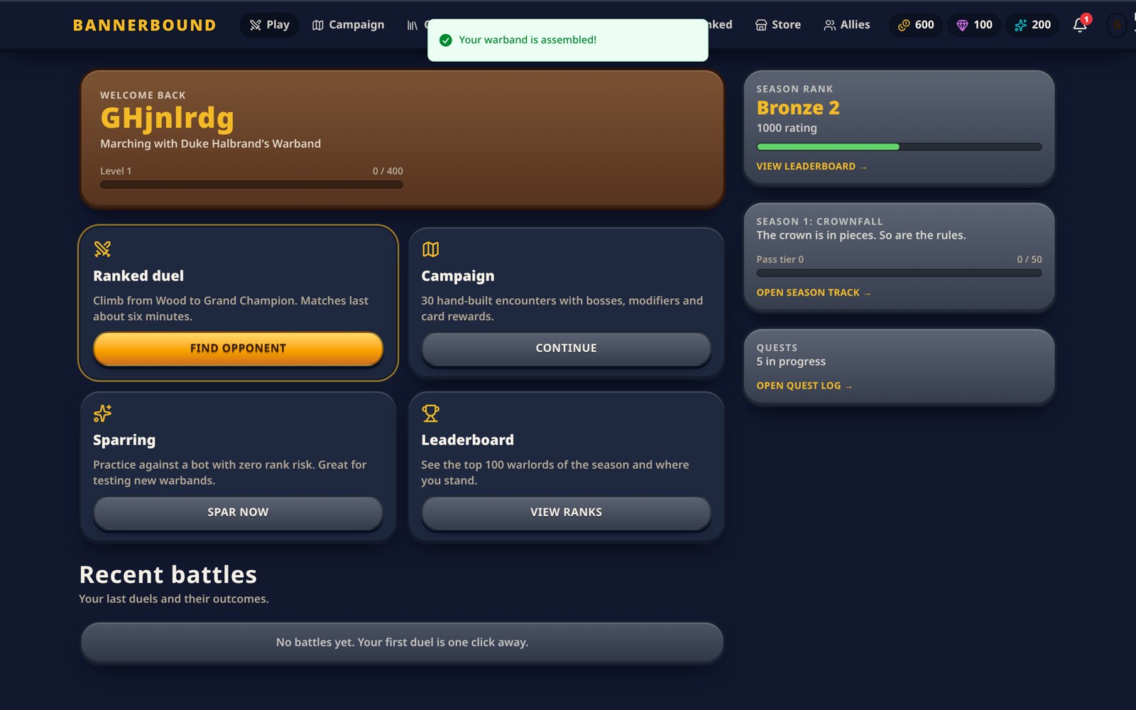 The BANNERBOUND play hub with rank, season track, quests and match history